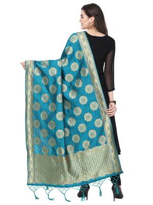 turquoise Poly Silk Banarasi Womens Dupatta 3