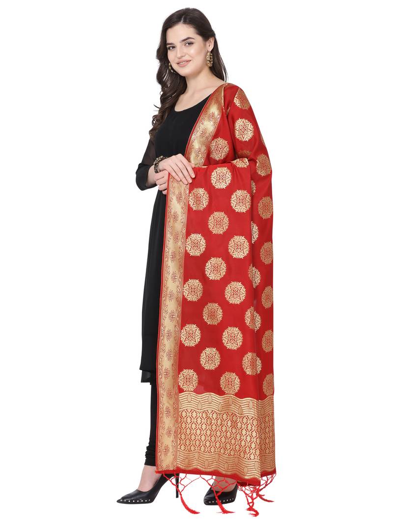 Red Poly Silk Banarasi Womens Dupatta