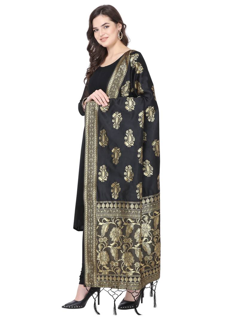 Black Poly Silk Banarasi Womens Dupatta
