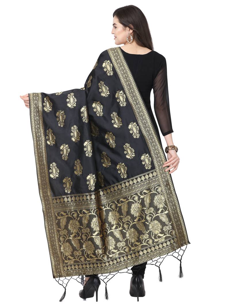 Black Poly Silk Banarasi Womens Dupatta