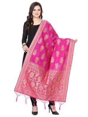 Pink Poly Silk Banarasi Womens Dupatta 1
