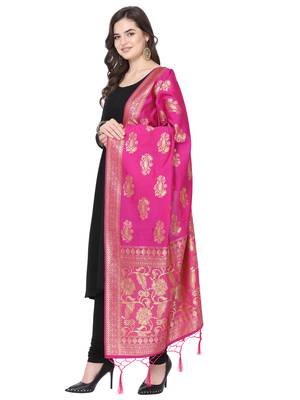 Pink Poly Silk Banarasi Womens Dupatta 2