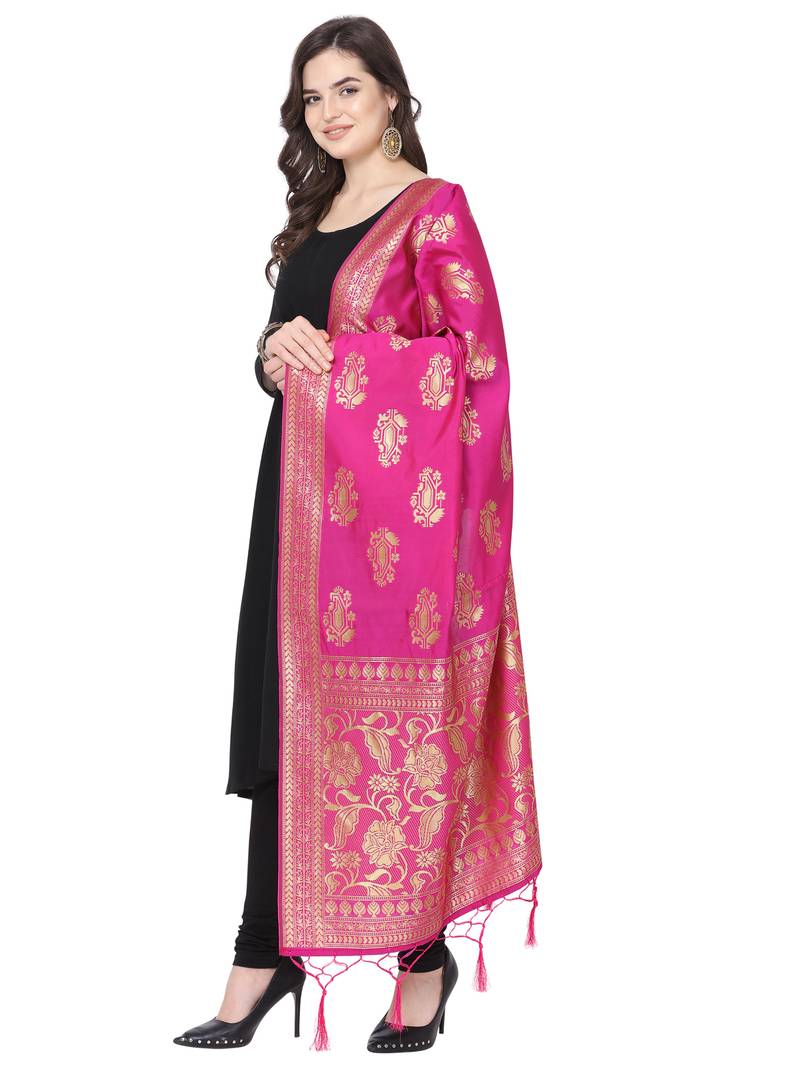 Pink Poly Silk Banarasi Womens Dupatta