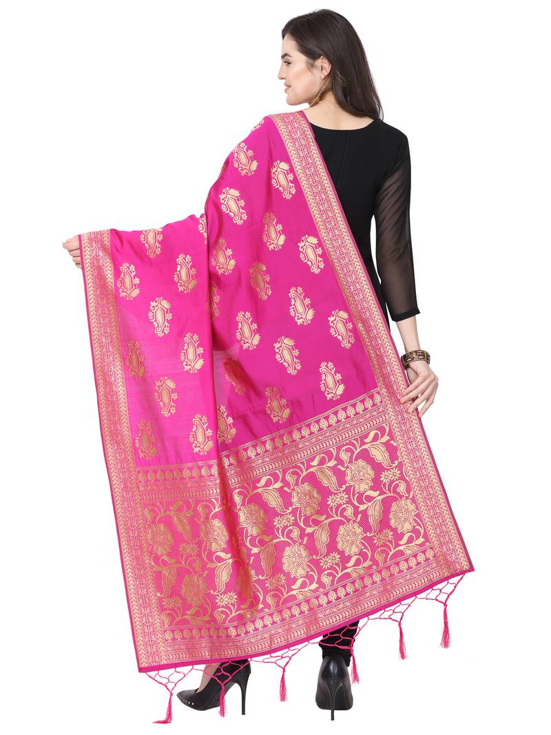 Pink Poly Silk Banarasi Womens Dupatta
