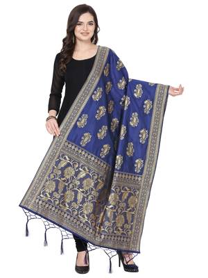 Navy Blue Poly Silk Banarasi Womens Dupatta 1