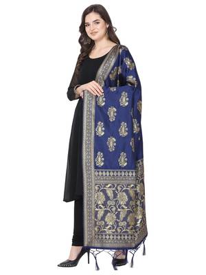 Navy Blue Poly Silk Banarasi Womens Dupatta 2