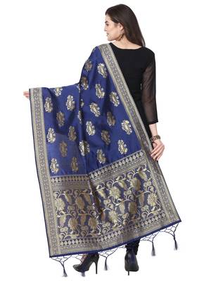 Navy Blue Poly Silk Banarasi Womens Dupatta 3