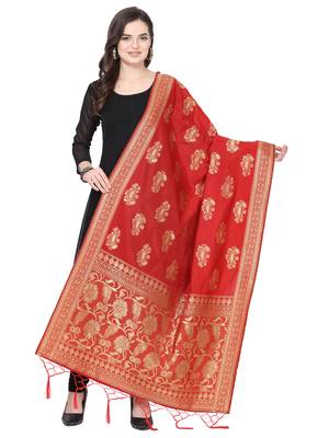 Red Poly Silk Banarasi Womens Dupatta 1