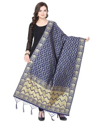 Navy Blue Poly Silk Banarasi Womens Dupatta 1