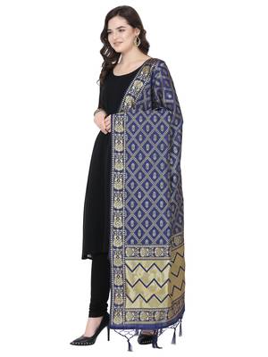 Navy Blue Poly Silk Banarasi Womens Dupatta 2