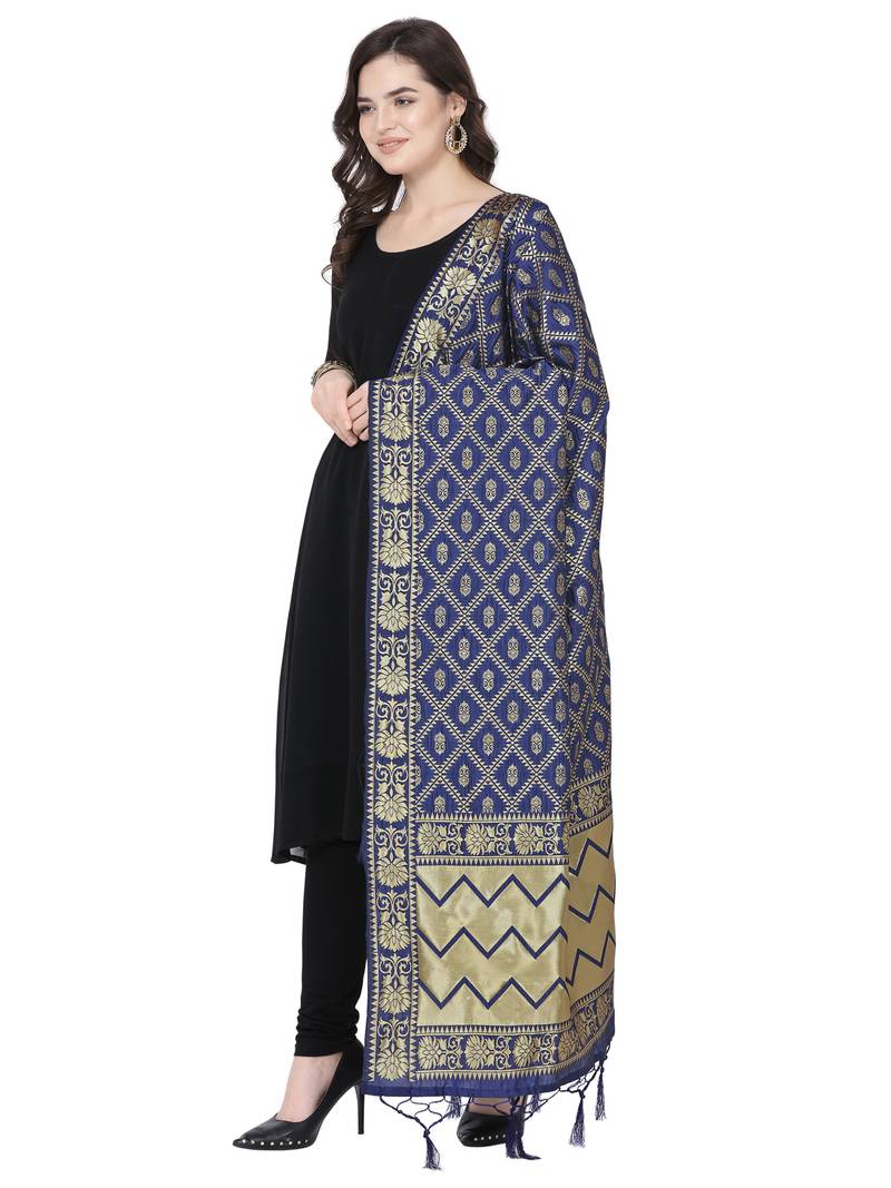 Navy Blue Poly Silk Banarasi Womens Dupatta