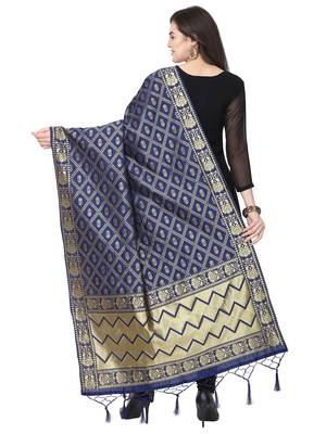 Navy Blue Poly Silk Banarasi Womens Dupatta 3