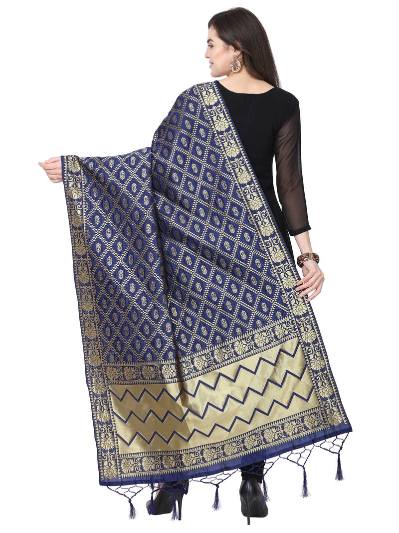 Navy Blue Poly Silk Banarasi Womens Dupatta