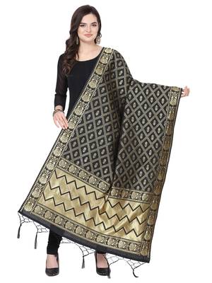 Black Poly Silk Banarasi Womens Dupatta 1