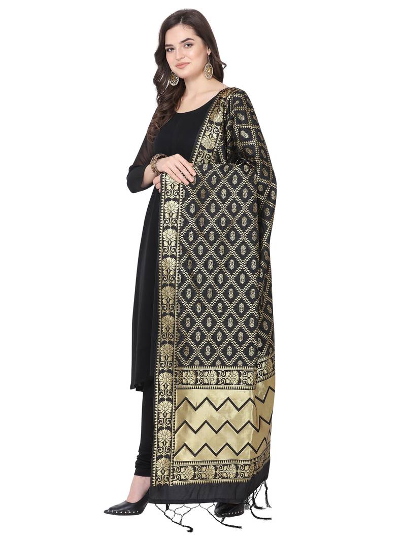 Black Poly Silk Banarasi Womens Dupatta