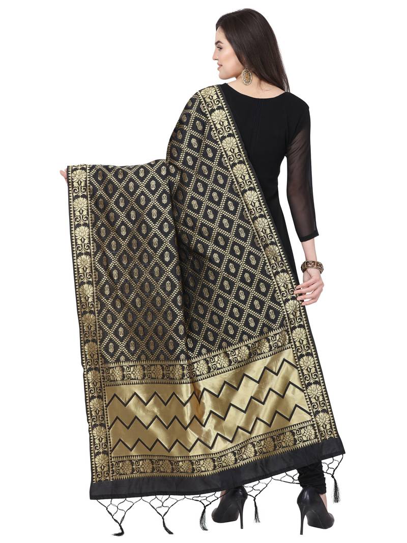 Black Poly Silk Banarasi Womens Dupatta