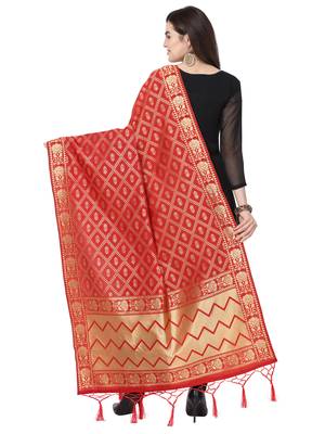 Red Poly Silk Banarasi Womens Dupatta 1