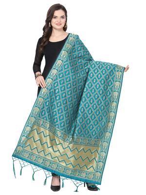 Turquoise Poly Silk Banarasi Womens Dupatta 1