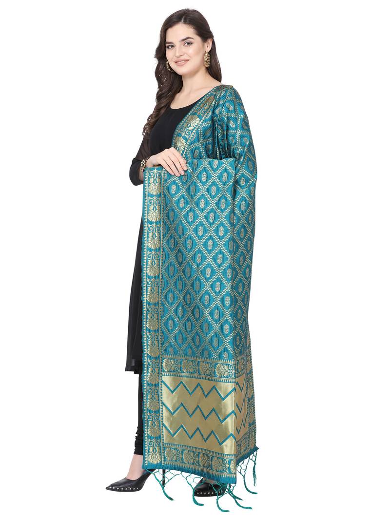 Turquoise Poly Silk Banarasi Womens Dupatta