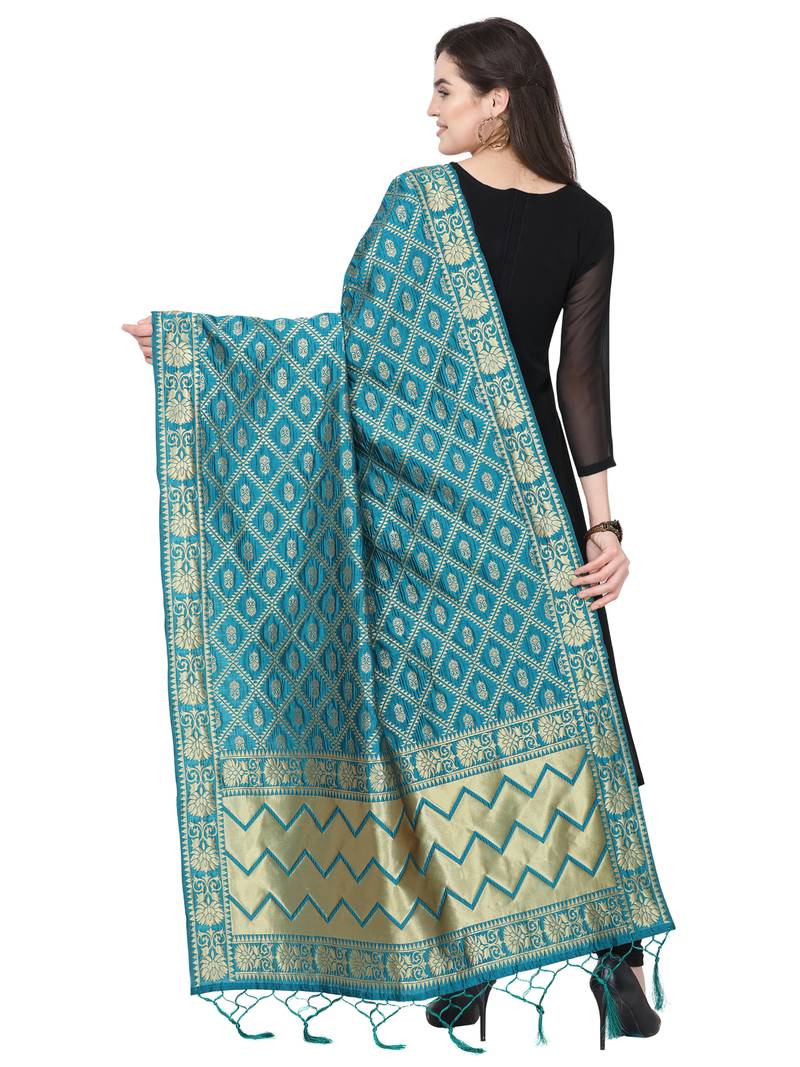 Turquoise Poly Silk Banarasi Womens Dupatta