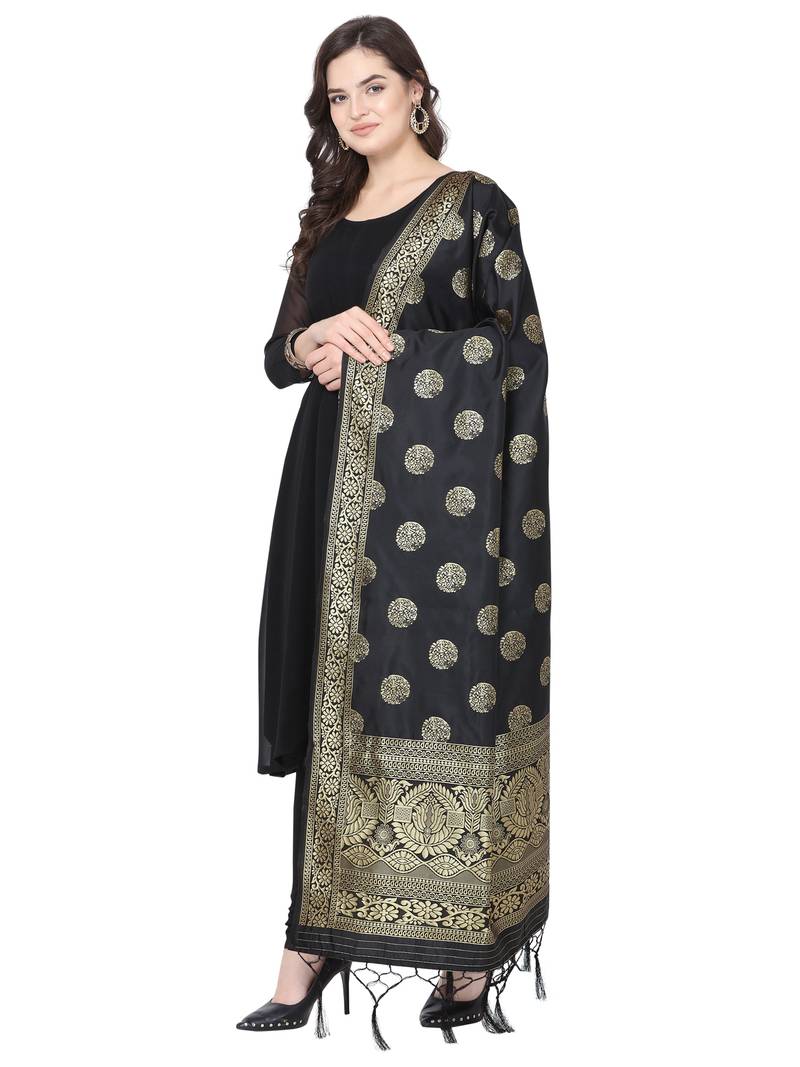 Black Poly Silk Banarasi Womens Dupatta