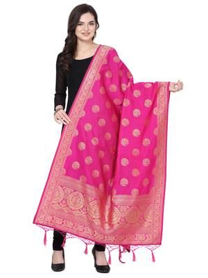 Pink Poly Silk Banarasi Womens Dupatta 1