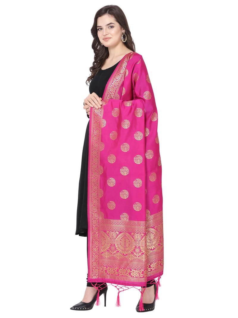 Pink Poly Silk Banarasi Womens Dupatta