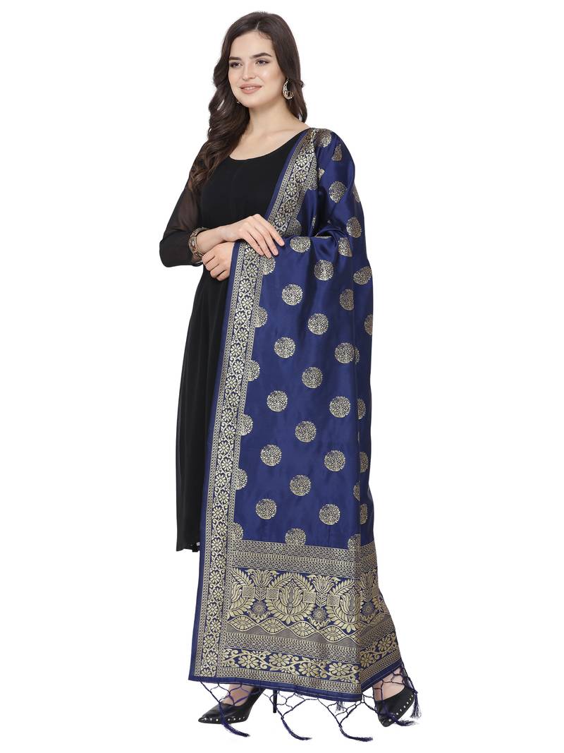Navy Blue Poly Silk Banarasi Womens Dupatta