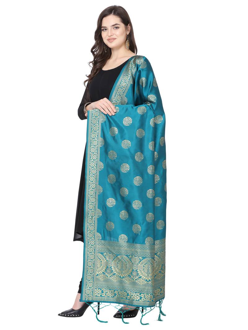 Turquoise Poly Silk Banarasi Womens Dupatta