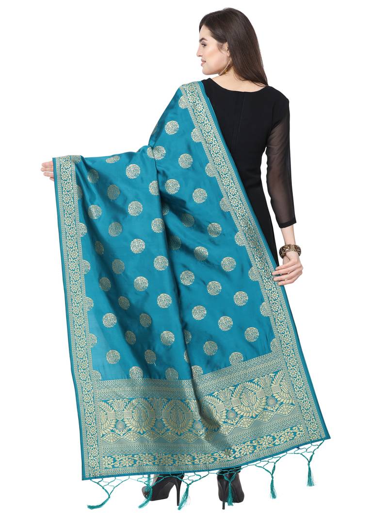 Turquoise Poly Silk Banarasi Womens Dupatta