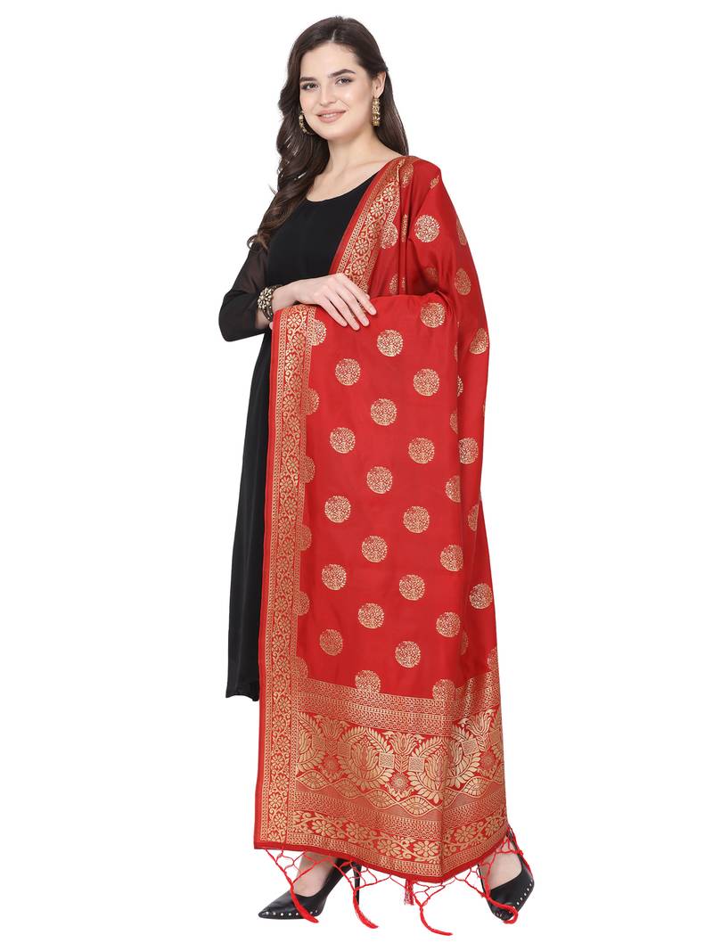 Red Poly Silk Banarasi Womens Dupatta