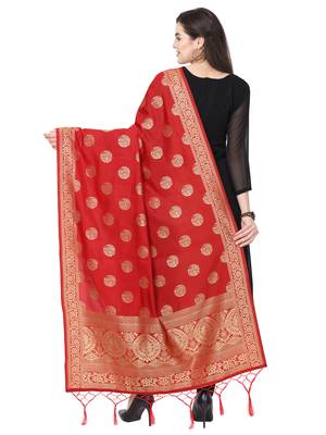 Red Poly Silk Banarasi Womens Dupatta 3