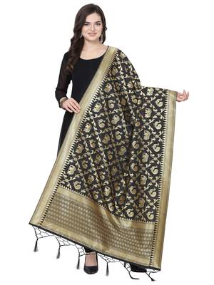 Black Poly Silk Banarasi Womens Dupatta 1