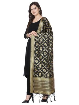 Black Poly Silk Banarasi Womens Dupatta 2