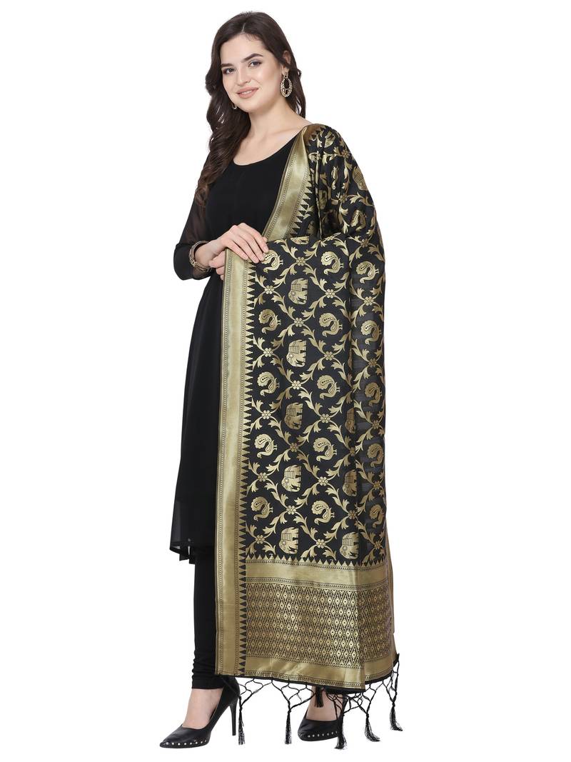 Black Poly Silk Banarasi Womens Dupatta