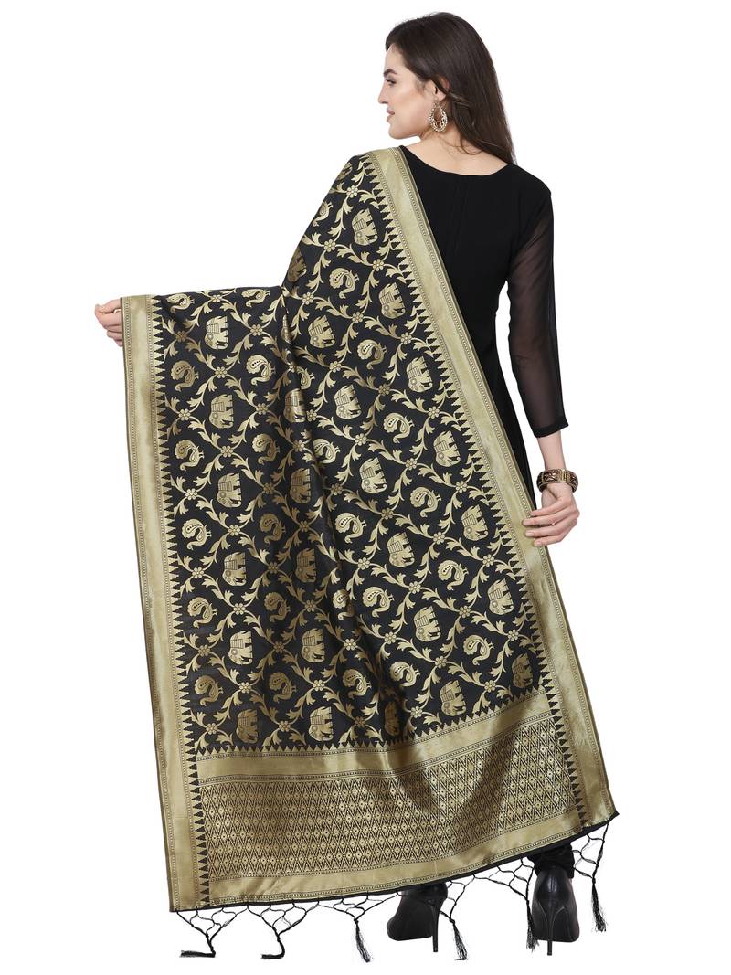 Black Poly Silk Banarasi Womens Dupatta