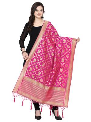 Pink Poly Silk Banarasi Womens Dupatta 1