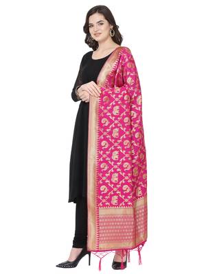 Pink Poly Silk Banarasi Womens Dupatta 2