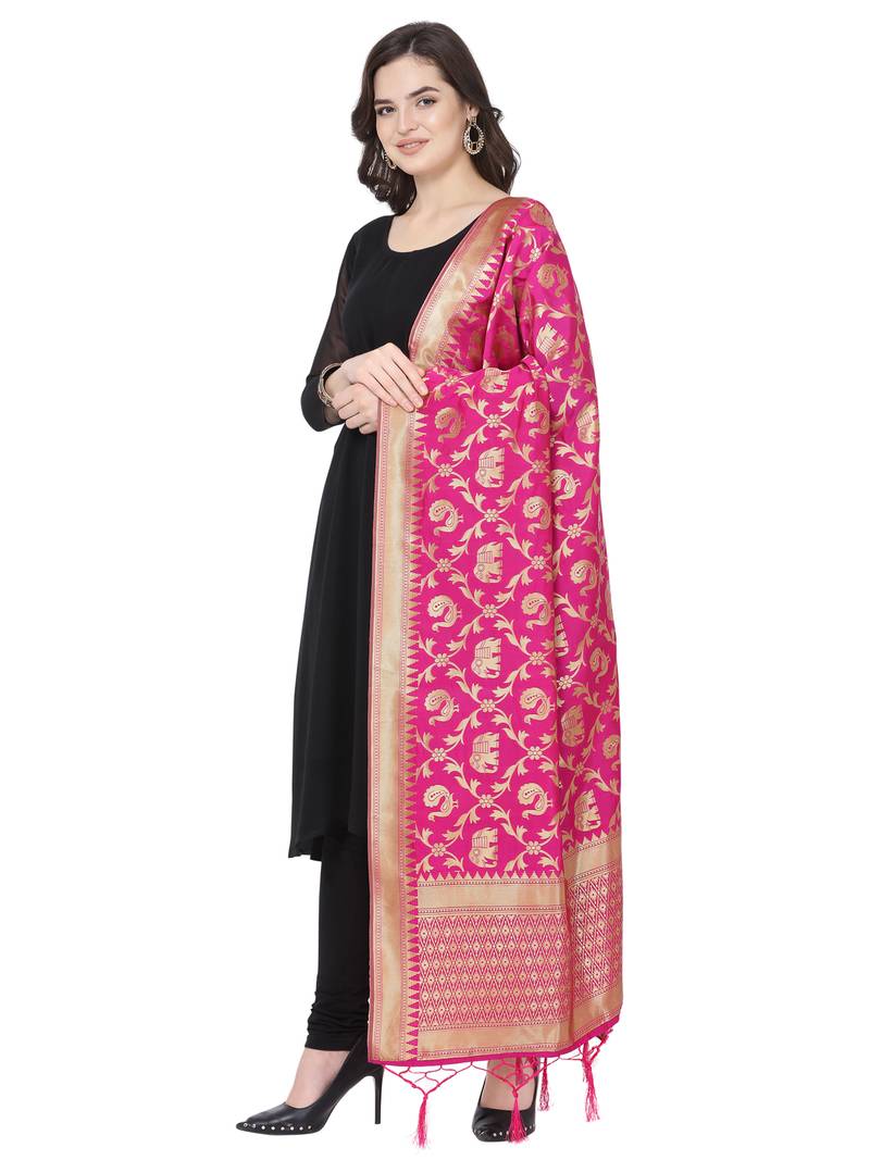 Pink Poly Silk Banarasi Womens Dupatta