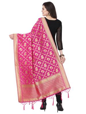 Pink Poly Silk Banarasi Womens Dupatta 3