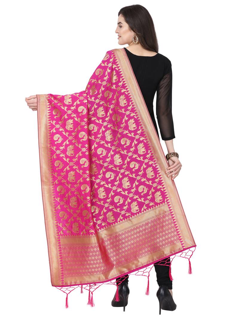 Pink Poly Silk Banarasi Womens Dupatta