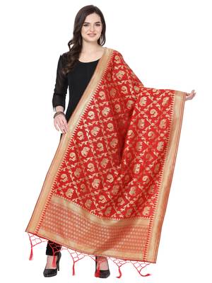 Red Poly Silk Banarasi Womens Dupatta 1