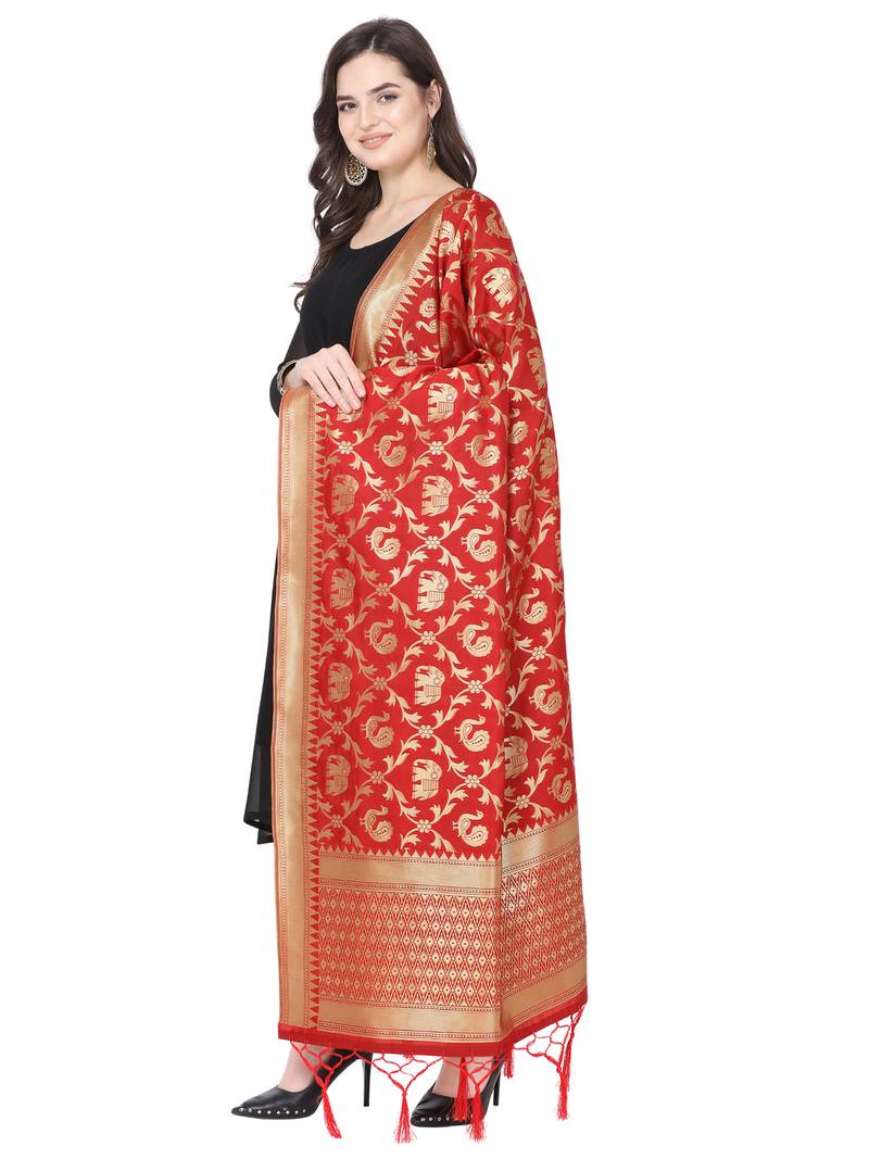 Red Poly Silk Banarasi Womens Dupatta