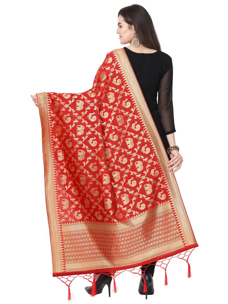Red Poly Silk Banarasi Womens Dupatta