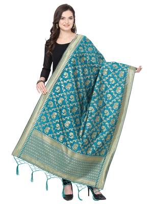 Turquoise Poly Silk Banarasi Womens Dupatta 1