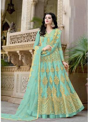 Sky-blue embroidered net salwar 1