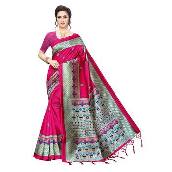 Pink printed khadi saree with blouse 1
