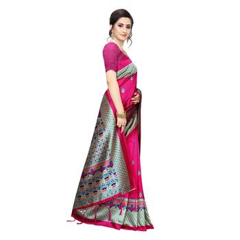 Pink printed khadi saree with blouse 3