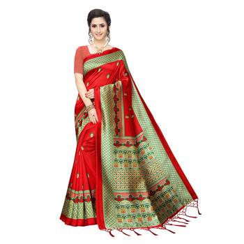 Red printed khadi saree with blouse 1