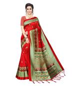 Red printed khadi saree with blouse